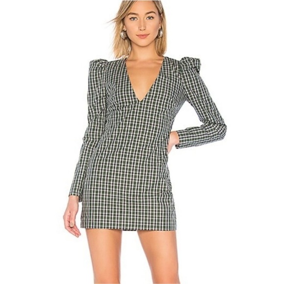 Lovers + Friends Dresses & Skirts - Lovers + Friends Reyes Green Blue Plaid Puff Long Sleeve Dress